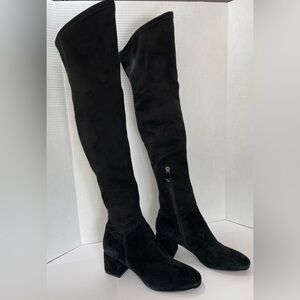 What For Black Suede Over-the-Knee Boots Block Heel Almond Toe 37 (7-7.5)